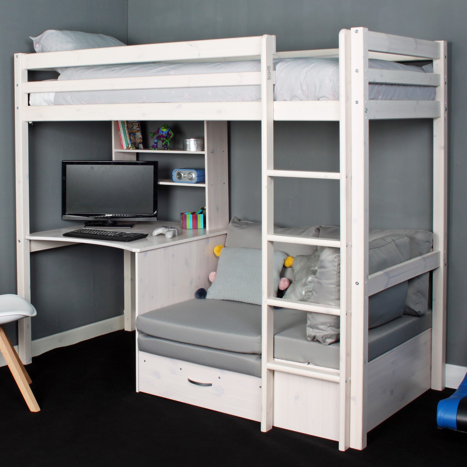Read more about High sleeper loft bed with desk and futon in white thuka kids avenue